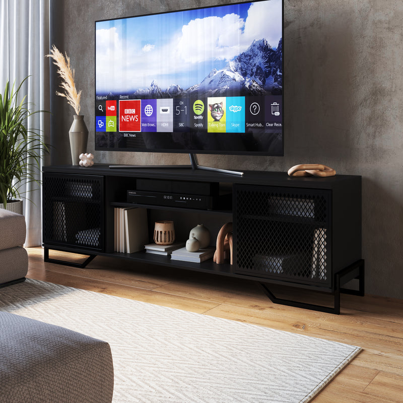 Rack Industrial para Tv com 2 Portas e Pés em Aço  - PRETO - Prime Decor
