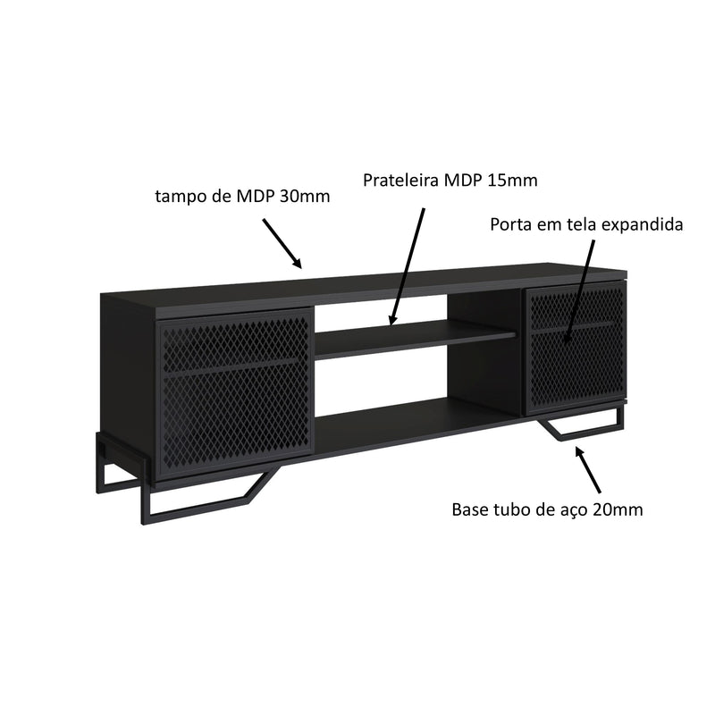 Rack Industrial para Tv com 2 Portas e Pés em Aço  - PRETO - Prime Decor