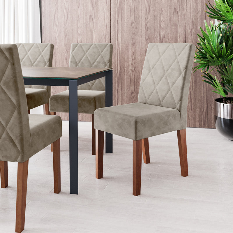 Cadeira Bella Matelassê com Base Fixa de Madeira Maciça - Veludo Bege - Prime Decor